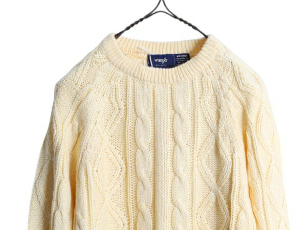 80s ラングラー フィッシャーマン アクリル ニット セーター メンズ M / 古着 80年代 ヴィンテージ Wrangler アラン ケーブル ローゲージ