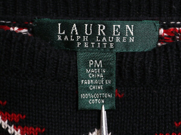 00s LAUREN ラルフローレン ボートネック ネイティブ ロング ニット セーター レディース M / オールド ポロ コットン カットソー 総柄 黒
