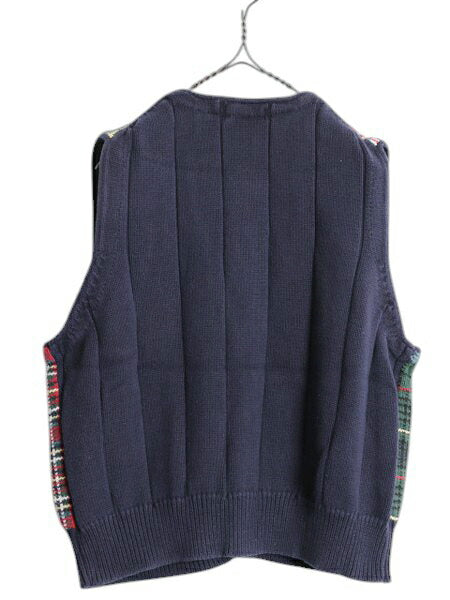 90s ノーティカ クレイジーパターン コットン ケーブル ニット ベスト メンズ レディース M 古着 オールド NAUTICA チェック 重ね着 前開き