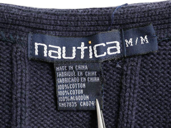 90s ノーティカ クレイジーパターン コットン ケーブル ニット ベスト メンズ レディース M 古着 オールド NAUTICA チェック 重ね着 前開き