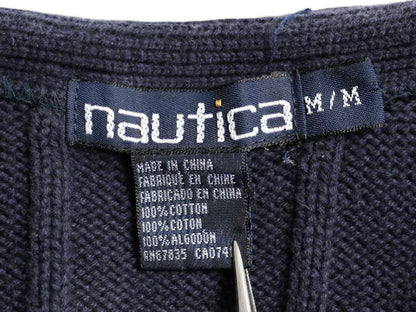90s ノーティカ クレイジーパターン コットン ケーブル ニット ベスト メンズ レディース M 古着 オールド NAUTICA チェック 重ね着 前開き