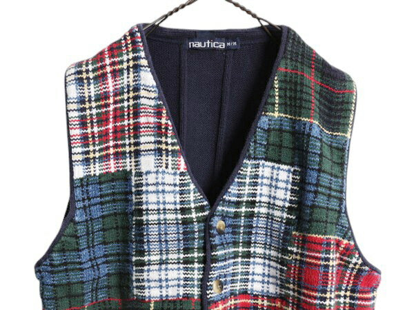 90s ノーティカ クレイジーパターン コットン ケーブル ニット ベスト メンズ レディース M 古着 オールド NAUTICA チェック 重ね着 前開き