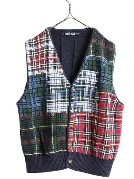90s ノーティカ クレイジーパターン コットン ケーブル ニット ベスト メンズ レディース M 古着 オールド NAUTICA チェック 重ね着 前開き