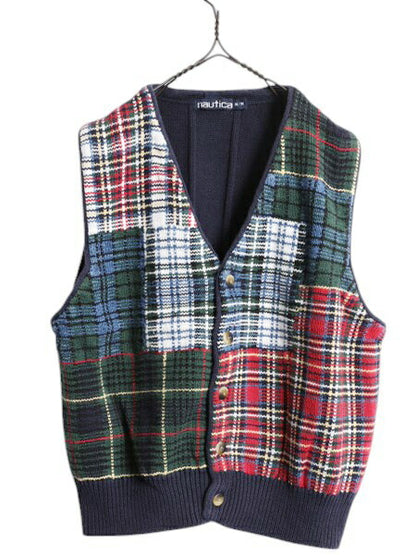 90s ノーティカ クレイジーパターン コットン ケーブル ニット ベスト メンズ レディース M 古着 オールド NAUTICA チェック 重ね着 前開き