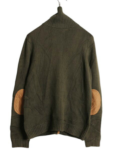 90s LAUREN ラルフローレン ハイネック ニット カーディガン レディース L 古着 ポロ オールド コットン ショルダーパッチ エルボーパッチ