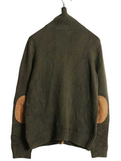 90s LAUREN ラルフローレン ハイネック ニット カーディガン レディース L 古着 ポロ オールド コットン ショルダーパッチ エルボーパッチ