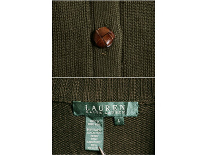 90s LAUREN ラルフローレン ハイネック ニット カーディガン レディース L 古着 ポロ オールド コットン ショルダーパッチ エルボーパッチ