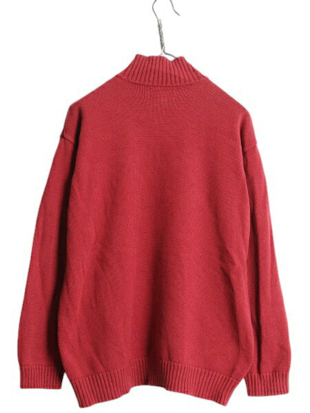 90s LAUREN ラルフローレン ハイネック コットン ケーブル ニット セーター レディース L オールド ポロ ハーフジップ ワンポイント レッド