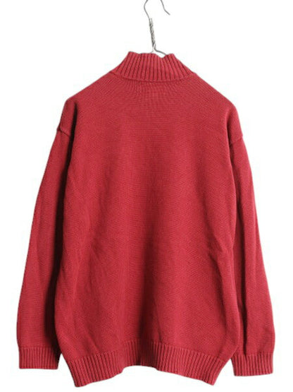 90s LAUREN ラルフローレン ハイネック コットン ケーブル ニット セーター レディース L オールド ポロ ハーフジップ ワンポイント レッド
