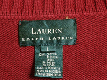 90s LAUREN ラルフローレン ハイネック コットン ケーブル ニット セーター レディース L オールド ポロ ハーフジップ ワンポイント レッド