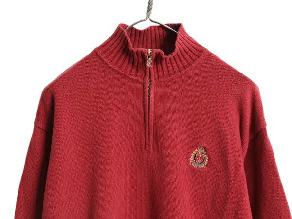90s LAUREN ラルフローレン ハイネック コットン ケーブル ニット セーター レディース L オールド ポロ ハーフジップ ワンポイント レッド