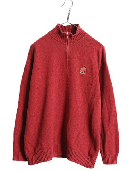 90s LAUREN ラルフローレン ハイネック コットン ケーブル ニット セーター レディース L オールド ポロ ハーフジップ ワンポイント レッド