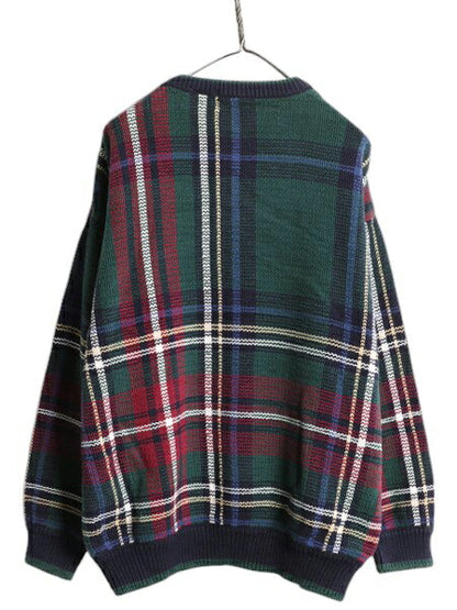 90s オービス チェック デザイン ニット セーター メンズ L / 旧タグ オールド ORVIS コットン 長袖ニット 総柄 クルーネック マルチカラー