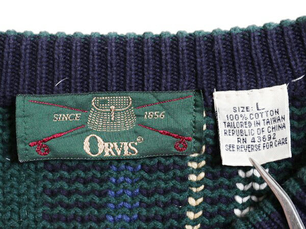 90s オービス チェック デザイン ニット セーター メンズ L / 旧タグ オールド ORVIS コットン 長袖ニット 総柄 クルーネック マルチカラー