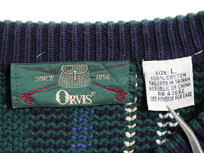 90s オービス チェック デザイン ニット セーター メンズ L / 旧タグ オールド ORVIS コットン 長袖ニット 総柄 クルーネック マルチカラー