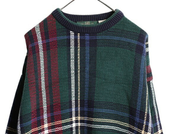90s オービス チェック デザイン ニット セーター メンズ L / 旧タグ オールド ORVIS コットン 長袖ニット 総柄 クルーネック マルチカラー