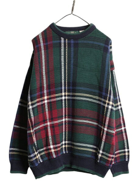 90s オービス チェック デザイン ニット セーター メンズ L / 旧タグ オールド ORVIS コットン 長袖ニット 総柄 クルーネック マルチカラー