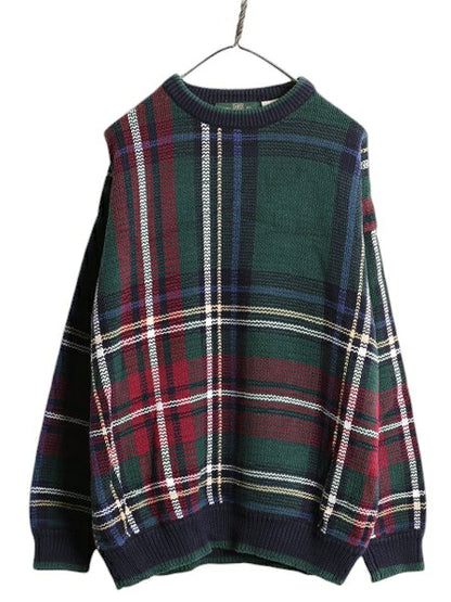 90s オービス チェック デザイン ニット セーター メンズ L / 旧タグ オールド ORVIS コットン 長袖ニット 総柄 クルーネック マルチカラー