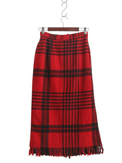 90s USA製 ウール リッチ チェック ウール フリンジ付 タイト スカート レディース XS 程 旧タグ オールド WOOLRICH ツートン ライナー付き