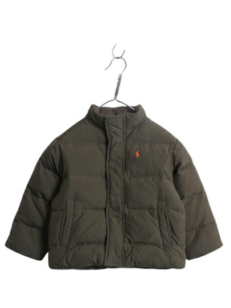 90s ポロ ラルフローレン ダウン ジャケット キッズ 3歳 100cm / 古着 子ども 子供服 キルティング ナイロン ハイネック フルジップ カーキ