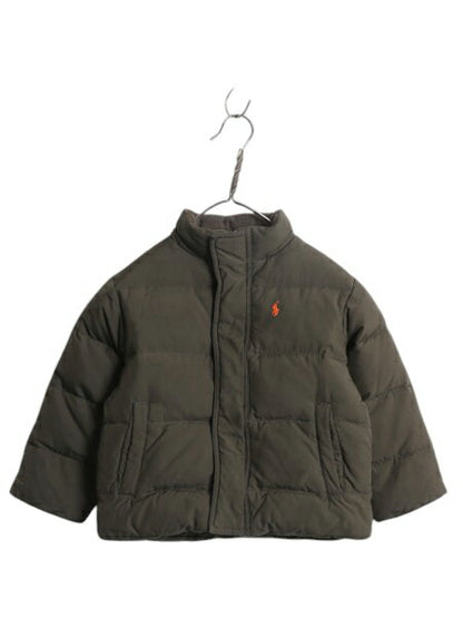 90s ポロ ラルフローレン ダウン ジャケット キッズ 3歳 100cm / 古着 子ども 子供服 キルティング ナイロン ハイネック フルジップ カーキ