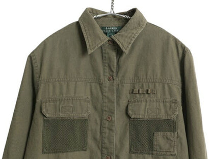 90s ローレン ラルフローレン フィッシング シャツ レディース M オールド ポロ アウトドア コットン 長袖シャツ サファリ カーキ グリーン