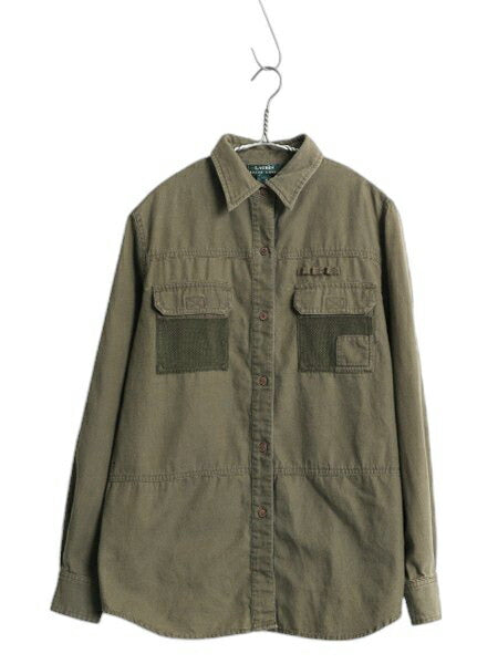 90s ローレン ラルフローレン フィッシング シャツ レディース M オールド ポロ アウトドア コットン 長袖シャツ サファリ カーキ グリーン