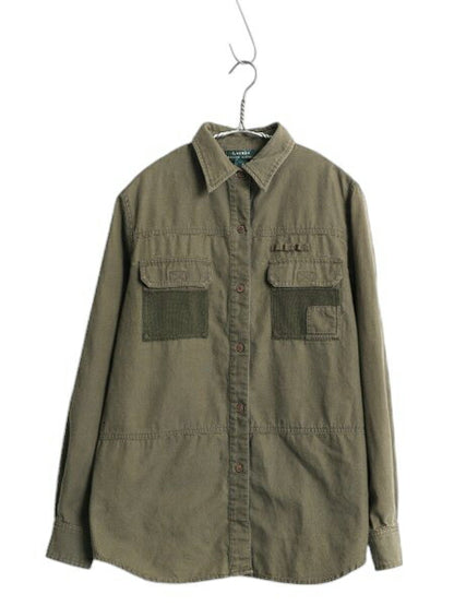 90s ローレン ラルフローレン フィッシング シャツ レディース M オールド ポロ アウトドア コットン 長袖シャツ サファリ カーキ グリーン