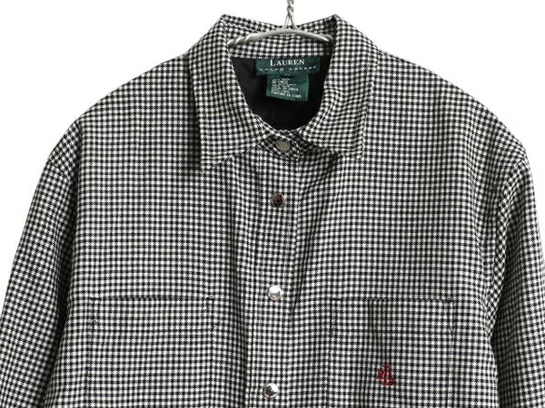 00s ローレン ラルフローレン チェック シャツ ジャケット レディース M サマー ウール 千鳥格子 長袖シャツ ボックス きれいめ カジュアル