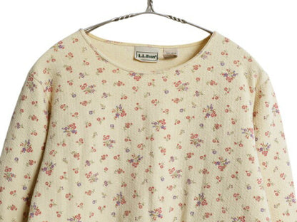 90's エルエルビーン 織柄入り 長袖 Tシャツ レディース M / オールド コットン 花柄 カットソー ロンT アンダーシャツ インナー ゆったり