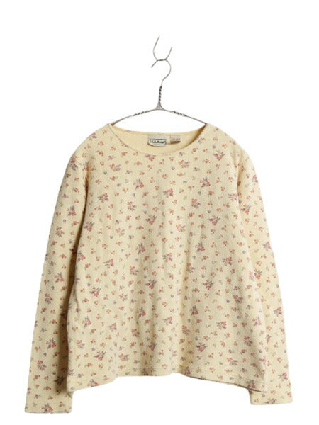 90's エルエルビーン 織柄入り 長袖 Tシャツ レディース M / オールド コットン 花柄 カットソー ロンT アンダーシャツ インナー ゆったり