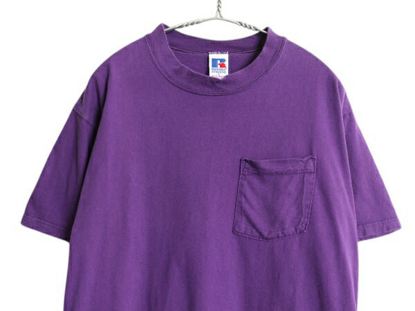 90s USA製 ラッセル ポケット付き 無地 半袖 Tシャツ メンズ レディース L / オールド ヘビーウェイト ポケT カットソー ブランク パープル