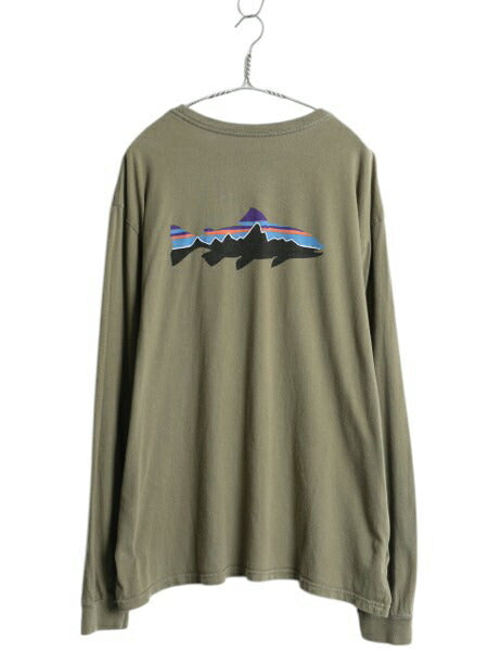 USA製 パタゴニア 両面 プリント 長袖 Tシャツ メンズ XL 15年製 ロンT フィッツロイ トラウト カットソー グラフィック バックプリント 緑