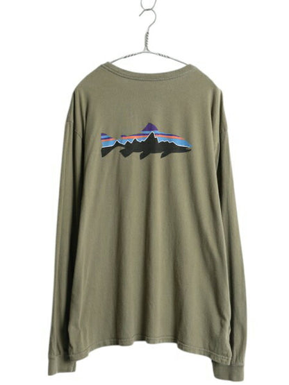 USA製 パタゴニア 両面 プリント 長袖 Tシャツ メンズ XL 15年製 ロンT フィッツロイ トラウト カットソー グラフィック バックプリント 緑