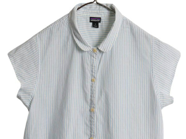 パタゴニア ストライプ シャツ レディース S M 程/ 16年製 フレンチ スリーブ ブラウス オーガニック コットン ヘンプ 丸襟 きれいめ 薄手