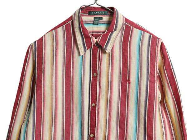 90s ローレン ラルフローレン ネイティブ ストライプ 七分袖 シャツ レディース L オールド ブラウス コットン リネン 七分丈 マルチカラー