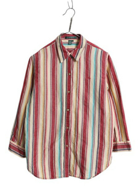 90s ローレン ラルフローレン ネイティブ ストライプ 七分袖 シャツ レディース L オールド ブラウス コットン リネン 七分丈 マルチカラー