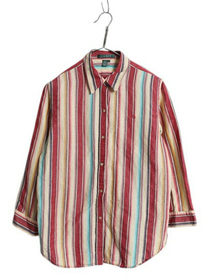 90s ローレン ラルフローレン ネイティブ ストライプ 七分袖 シャツ レディース L オールド ブラウス コットン リネン 七分丈 マルチカラー