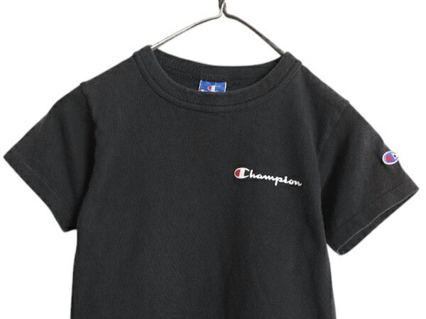 80s USA製 チャンピオン 半袖 Tシャツ キッズ S 110cm 程 ヴィンテージ 100% コットン ヘビーウェイト ワンポイント ロゴ 目付き 黒 子供用