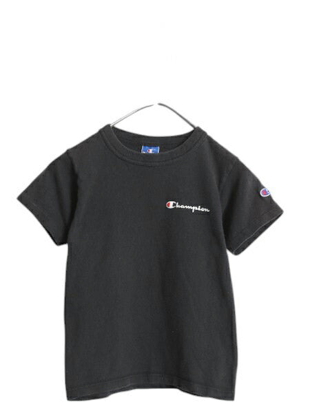 80s USA製 チャンピオン 半袖 Tシャツ キッズ S 110cm 程 ヴィンテージ 100% コットン ヘビーウェイト ワンポイント ロゴ 目付き 黒 子供用