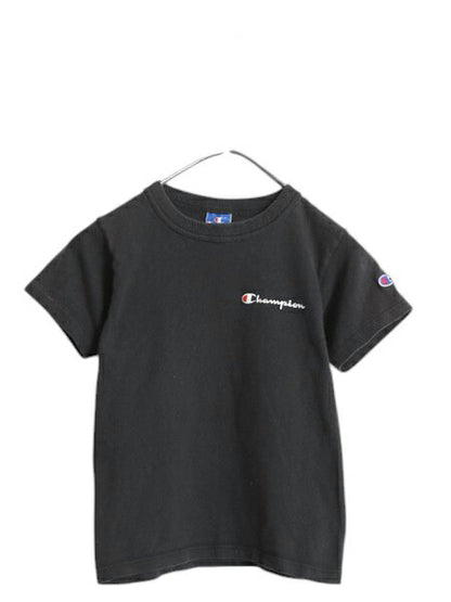 80s USA製 チャンピオン 半袖 Tシャツ キッズ S 110cm 程 ヴィンテージ 100% コットン ヘビーウェイト ワンポイント ロゴ 目付き 黒 子供用