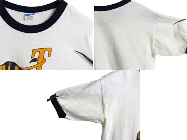 70s USA製 チャンピオン カレッジ 染込み プリント リンガー Tシャツ キッズ L 140cm / 古着 ヴィンテージ キャラクター バータグ コットン