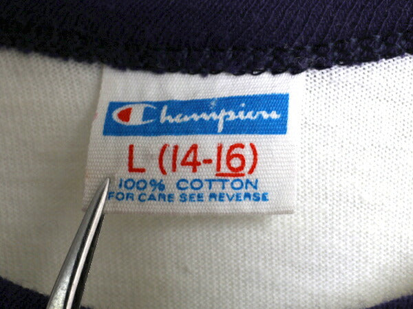 70s USA製 チャンピオン カレッジ 染込み プリント リンガー Tシャツ キッズ L 140cm / 古着 ヴィンテージ キャラクター バータグ コットン