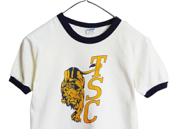 70s USA製 チャンピオン カレッジ 染込み プリント リンガー Tシャツ キッズ L 140cm / 古着 ヴィンテージ キャラクター バータグ コットン