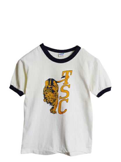 70s USA製 チャンピオン カレッジ 染込み プリント リンガー Tシャツ キッズ L 140cm / 古着 ヴィンテージ キャラクター バータグ コットン
