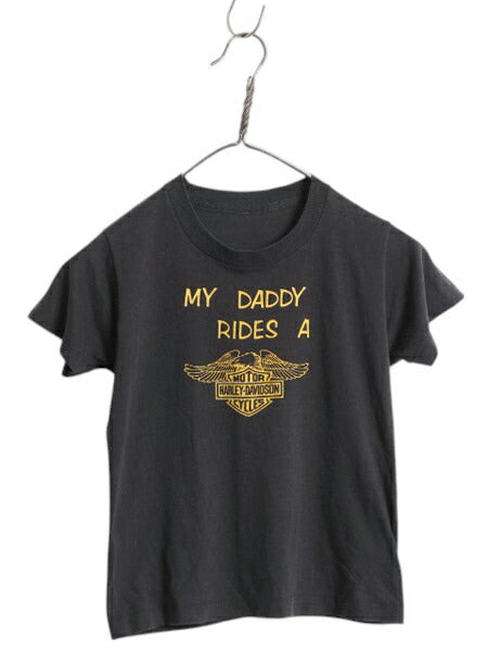 70s 80s ハーレー ダビットソン 両面 プリント 半袖 Tシャツ キッズ 120cm 程/ ヴィンテージ バイク シングルステッチ シンプル 子ども 黒
