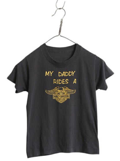 70s 80s ハーレー ダビットソン 両面 プリント 半袖 Tシャツ キッズ 120cm 程/ ヴィンテージ バイク シングルステッチ シンプル 子ども 黒