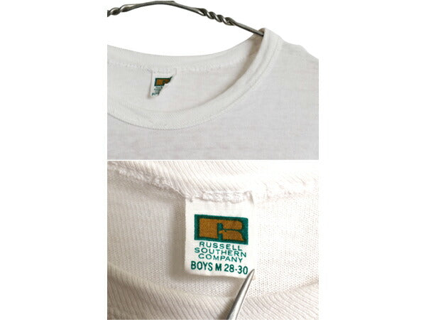60s USA製 ラッセル プリント 半袖 Tシャツ キッズ ボーイズ M 110cm 程/ 古着 ヴィンテージ 初期 金タグ シンプル シングルステッチ 白