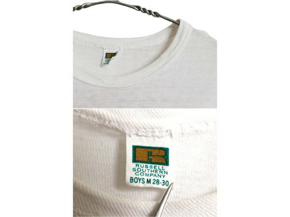 60s USA製 ラッセル プリント 半袖 Tシャツ キッズ ボーイズ M 110cm 程/ 古着 ヴィンテージ 初期 金タグ シンプル シングルステッチ 白