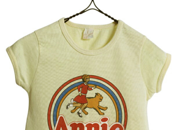 80s アニー プリント 半袖 Tシャツ キッズ ガールズ 100cm 程 ヴィンテージ ムービー シングルステッチ カットソー 映画 シンプル イエロー